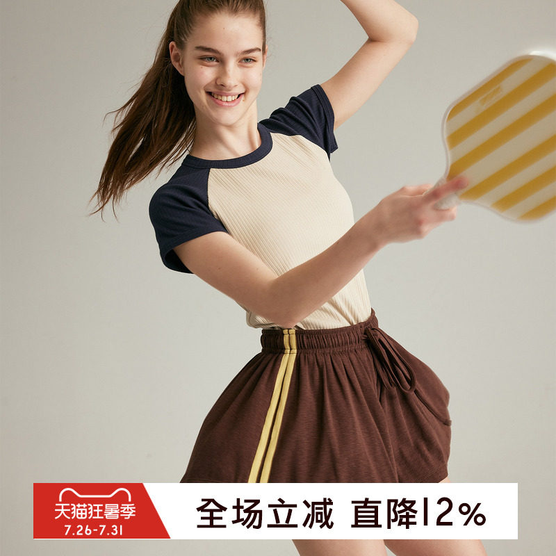 gymna复古撞色修身短袖弹力棉质插肩袖T恤女坑条显瘦运动健身上衣