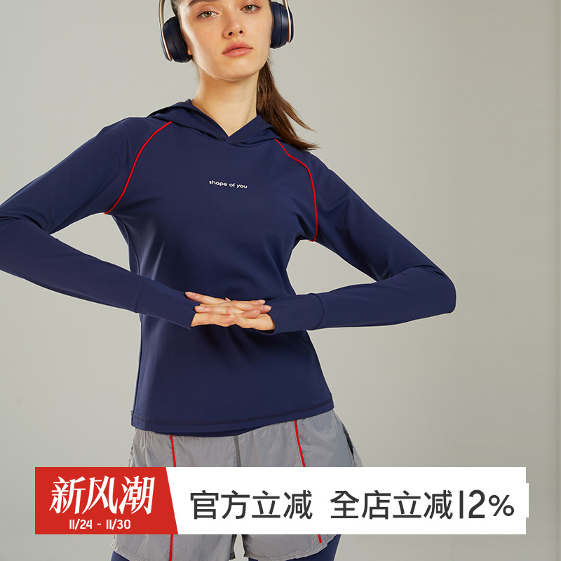 gymna复古学院风女长袖运动休闲健身衣连帽修身跑步上衣训练服春