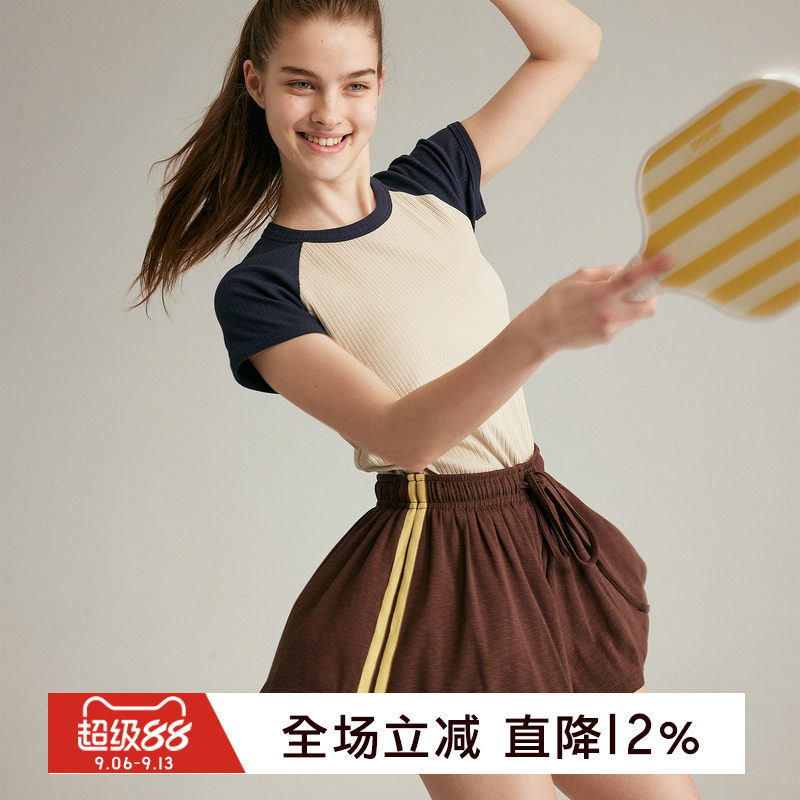 gymna复古撞色修身短袖弹力棉质插肩袖T恤女坑条显瘦运动健身上衣