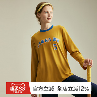 gymna运动T恤美式复古风中长款罩衫黄色速干长袖弹力撞色圆领上衣