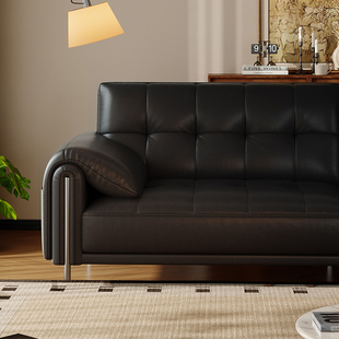 浪度墨影真皮沙发2025新款小户型轻奢头层牛皮直排黑色三人位客厅