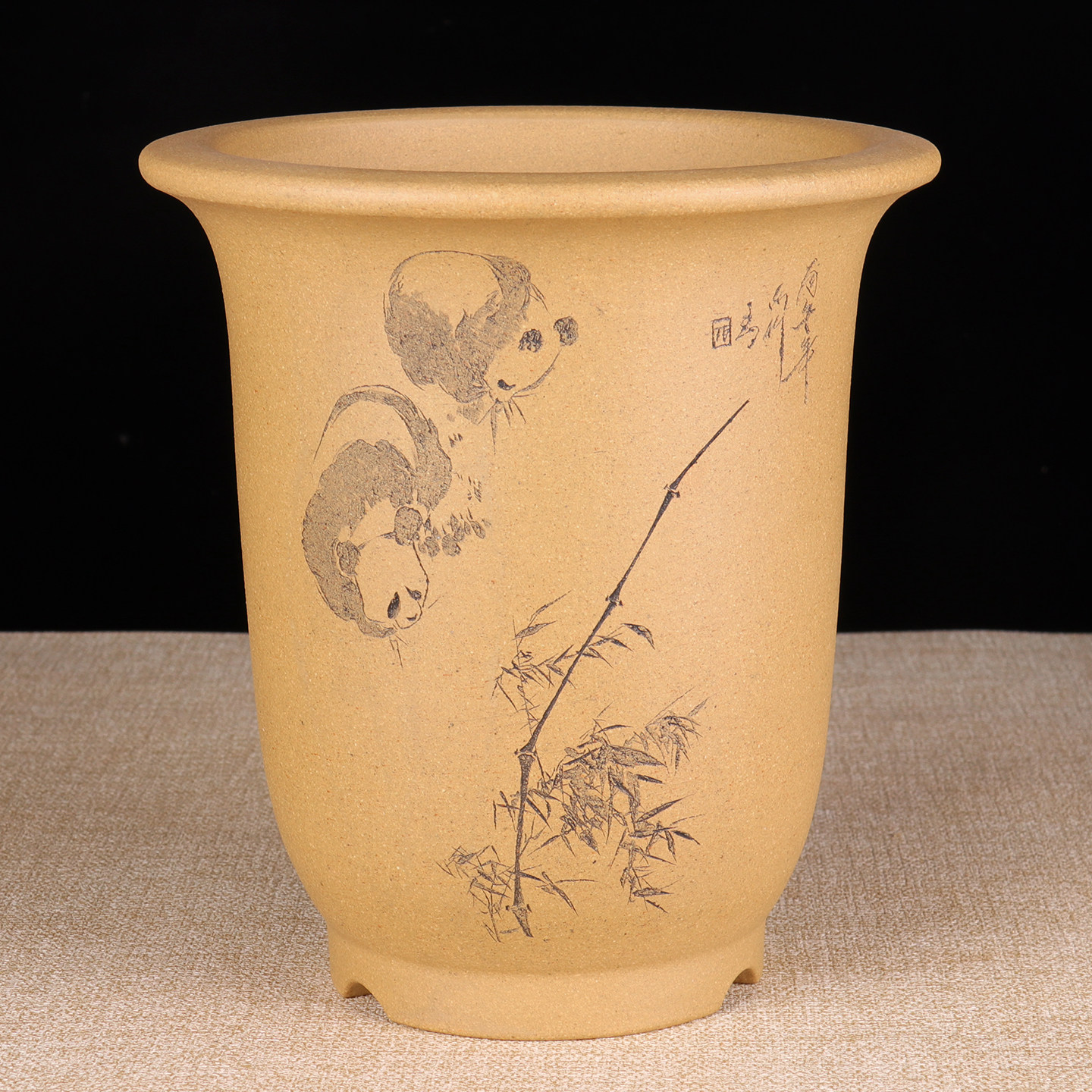 蔓木人紫砂宜兴紫砂花盆兰花盆精品手工刻绘金钟五彩段泥熊猫竹子