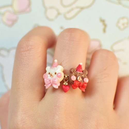 PuddingParty布丁派对原创开口可调圣诞情侣小熊戒指可爱少女礼物