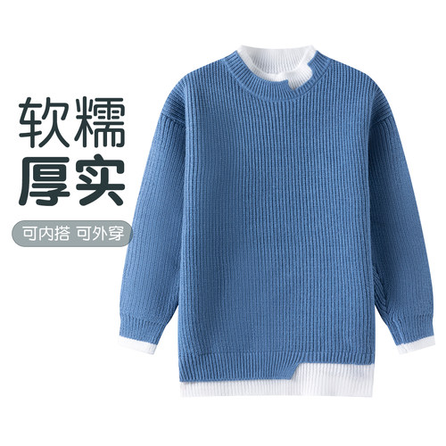 巴布豆童装儿童毛衣2025春夏新款男童女童圆领假两件针织线衫上衣