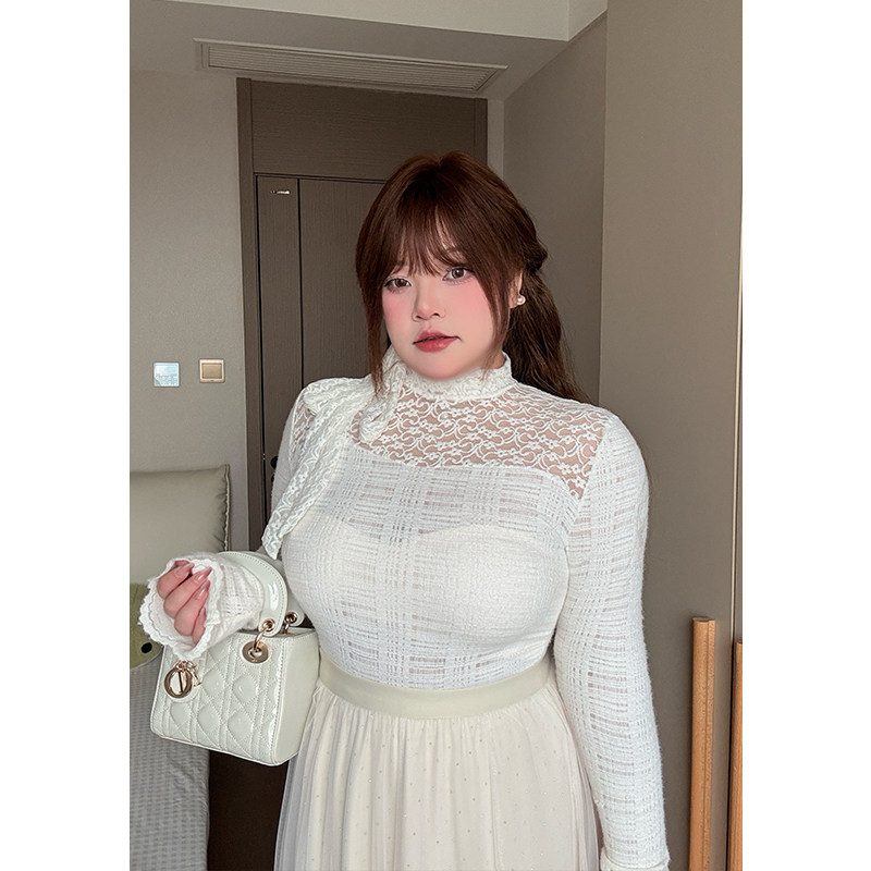 dese嘚瑟软糖大码半高领蝴蝶结飘带蕾丝衫女早春胖mm法式气质上衣