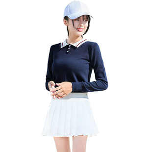 防走光半身裙运动两件套 高尔夫衣服女套装 春秋新款 针织长袖 polo衫
