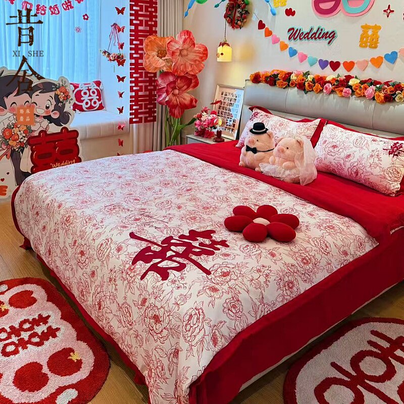 结婚喜庆男方卧室婚房布置四件套婚庆装饰被套床单大红色陪嫁床品
