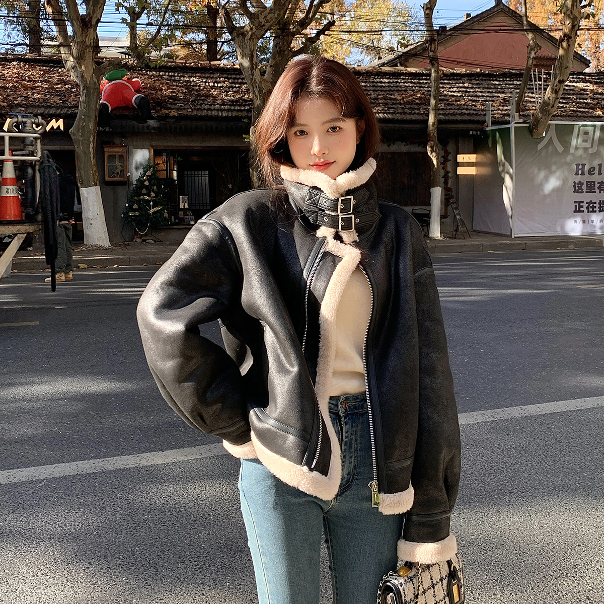 皮毛一体皮草外套羊剪绒大衣女冬