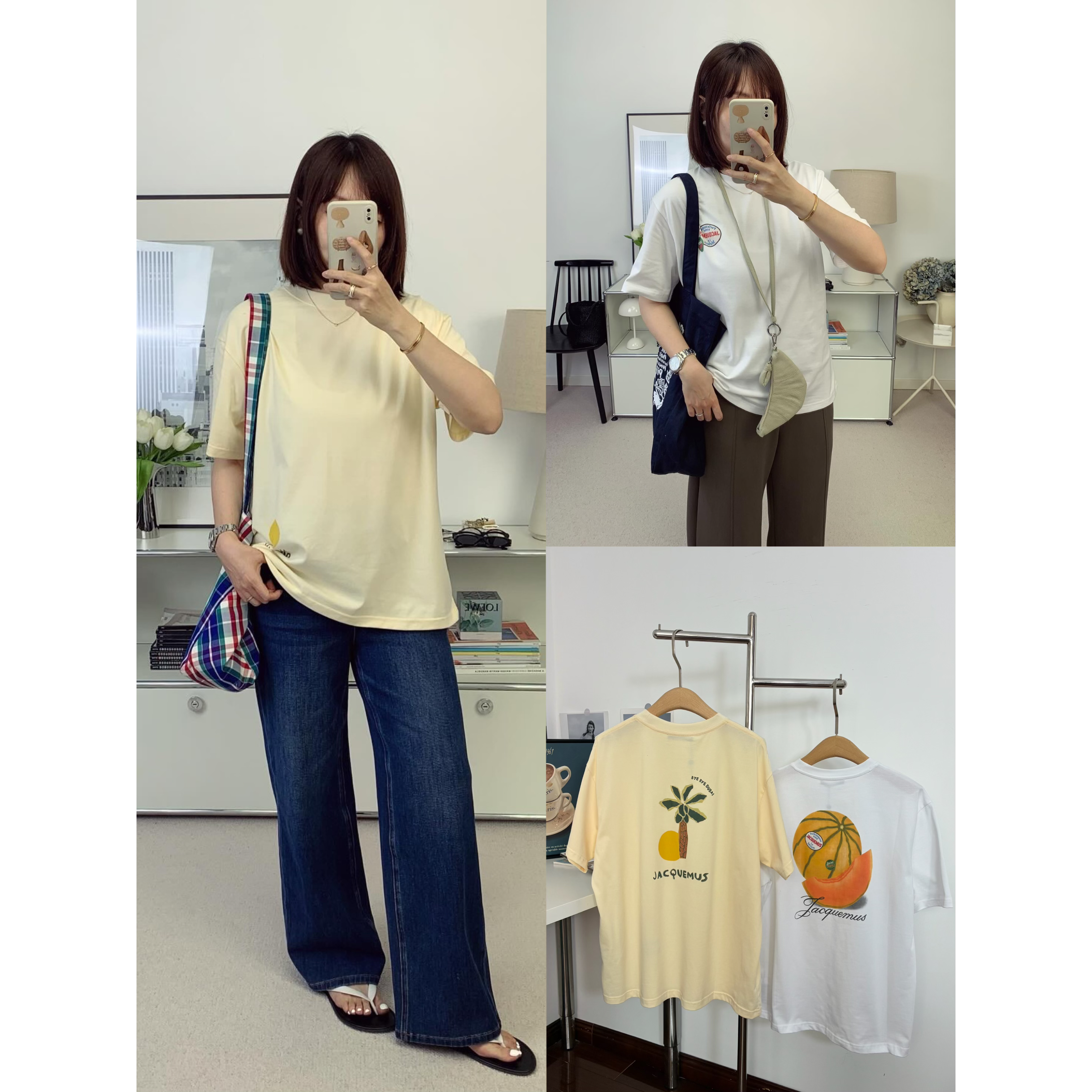 jacu趣味logo黄色椰子树印花+白色甜瓜标签宽松短袖T恤26春夏新款