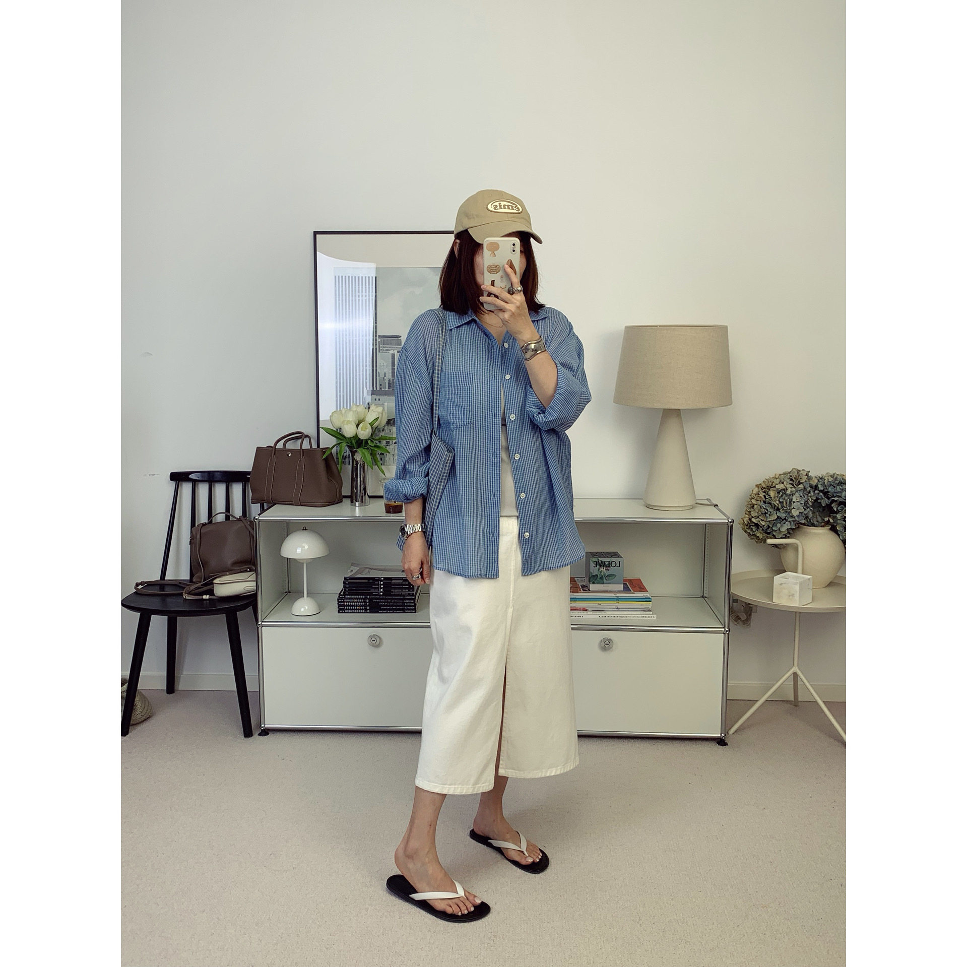 韩国LC泡泡纱轻薄款格子蓝衬衫+华夫格白衬衫防晒衫 26夏新款鸬鹚