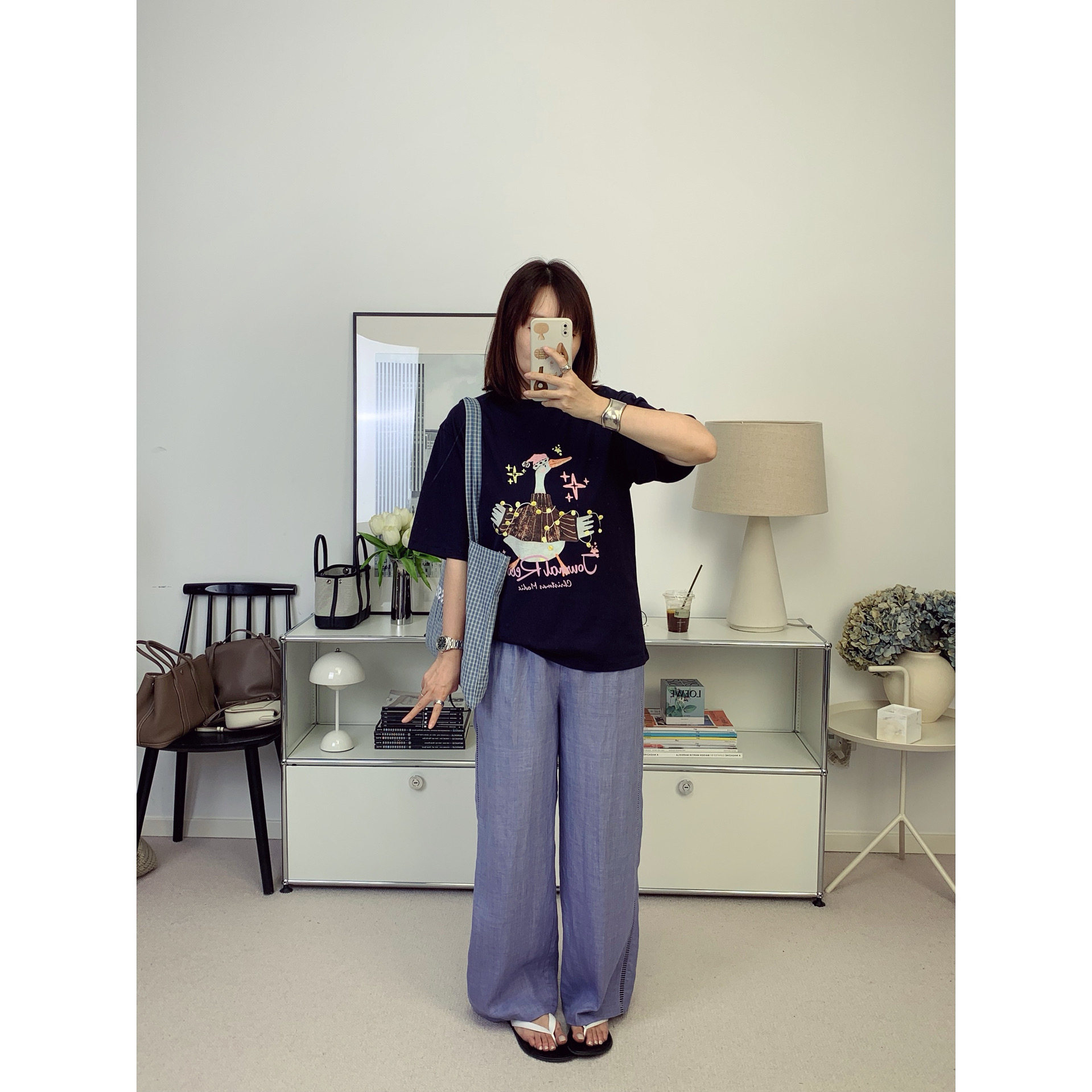 老钱度假风！侧面镂空装饰松紧腰宽松亚麻长裤26夏新款【鸬鹚】