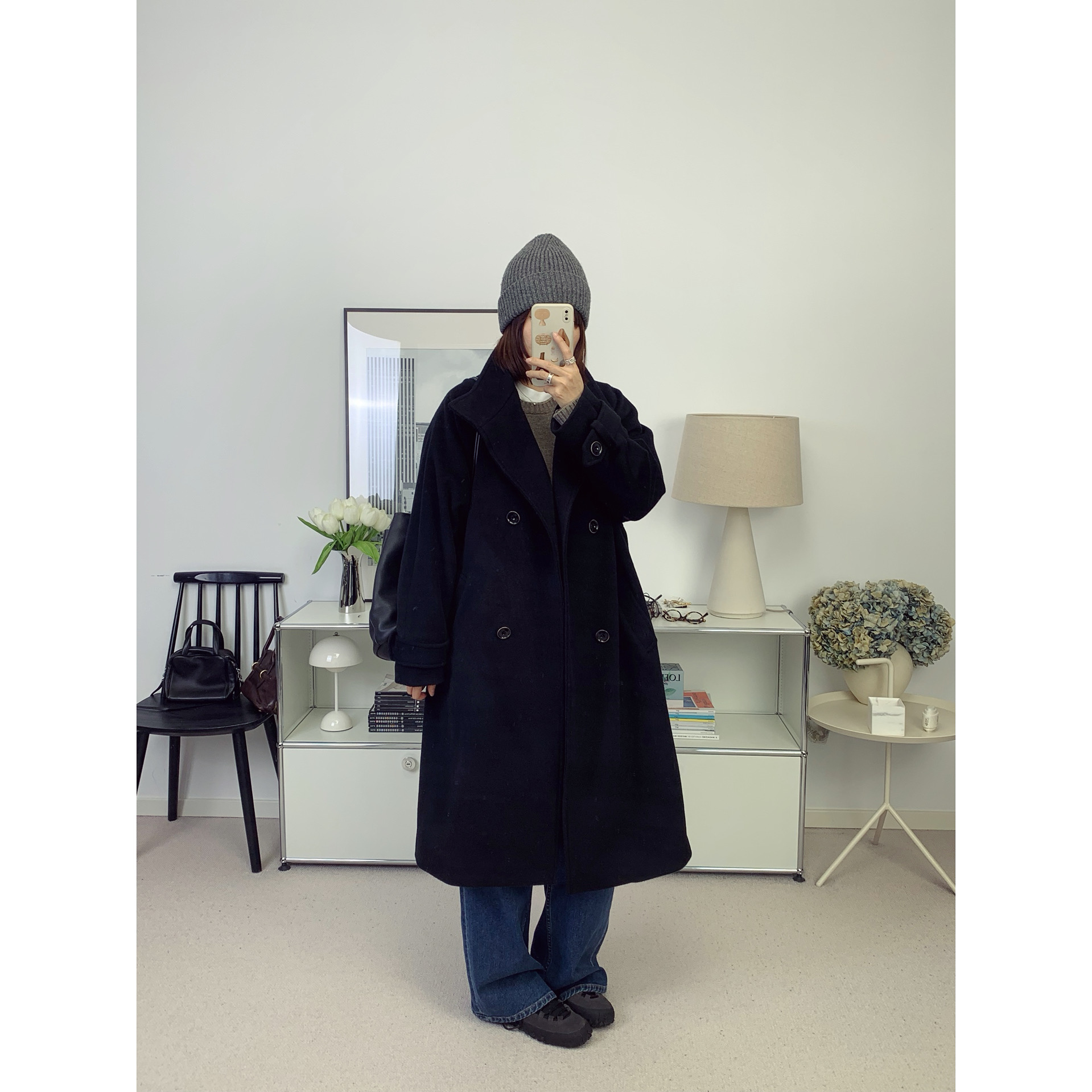 SES*SUN  法式极简立领双排扣直身长款加厚羊毛大衣外套25秋冬