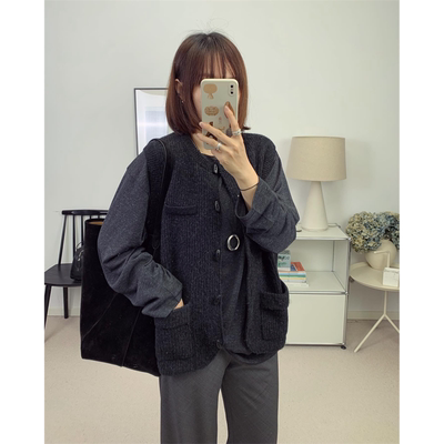 鸬鹚私服小众设计师炭灰色牛角扣羊毛针织马甲开衫 25秋冬新款