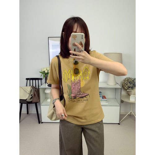 北欧gan风格做旧图案印花圆领T恤上衣26秋季新款【鸬鹚】