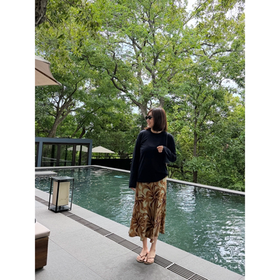 杭州茶韵植物印花重磅真丝缎斜裁抽绳半裙 26夏季新款【鸬鹚】