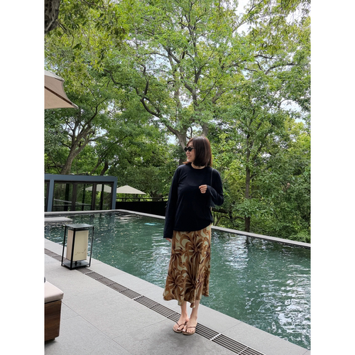 杭州茶韵植物印花重磅真丝缎斜裁抽绳半裙 26夏季新款【鸬鹚】