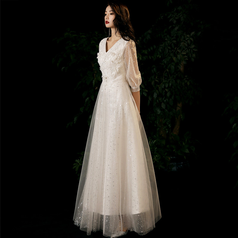 白色小晚礼服裙女2020新款气质宴会主持人长款新娘敬酒服轻婚纱