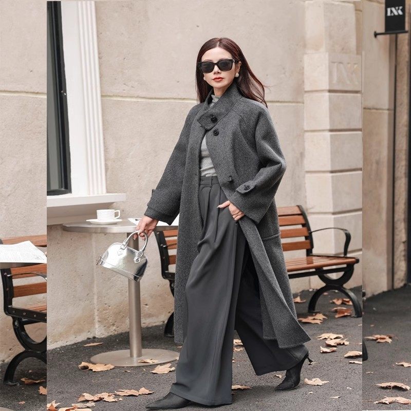 高级牦牛绒双面羊毛呢大衣女中长款翻立领大码春秋冬季气质外套潮