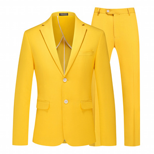两件套装 男士 大码 春夏季 西服外套薄款 套装 商务休闲正装 金黄色西装