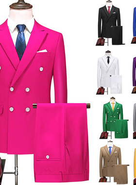 秋季红色双排扣西装套装男士大码商务休闲正装西服外套演出婚礼服