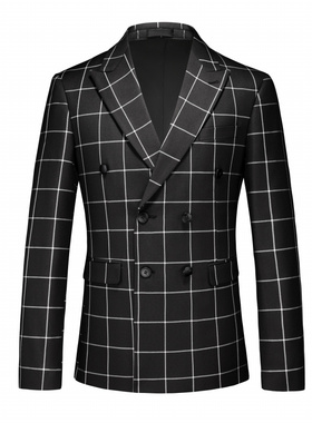 25秋季新款红色格子双排扣西装男士大码商务休闲正装西服黑色外套