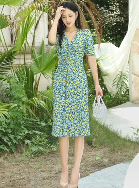 PG DVF2023夏季新弹力网纱黄色蜜桃双面印花正反两穿抽褶收腰仙女