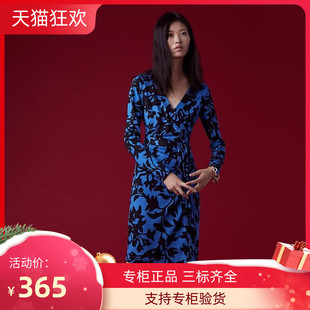 PG DVF2023春夏款女装枫叶印花蓝色V领长袖围裹式系带裹身连衣裙