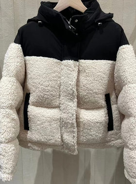 法单小众 2023秋冬潮流连帽羊羔毛黑白拼接双兜保暖外套棉服23862
