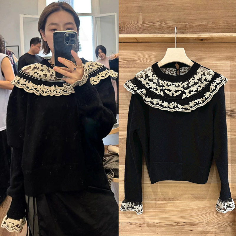 maSande法式小众 早春网纱刺绣花边领拼接袖口圆领显瘦针织毛衣