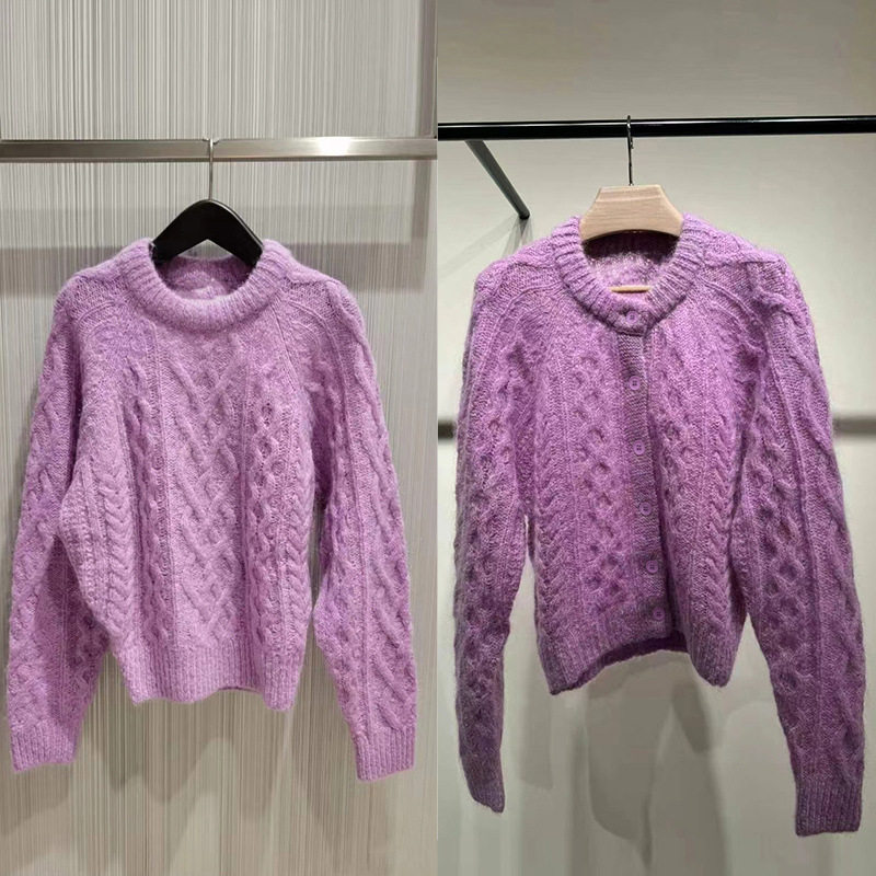 法式小众 秋冬浪漫紫经典麻花图案圆领插肩袖温柔女毛衣
