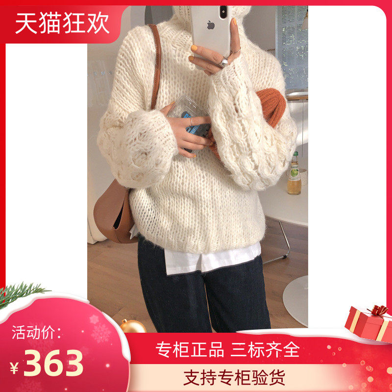 PG DVF白色高领麻花大毛衣女 中长款宽松慵懒 韩版夏冬外穿毛衣套