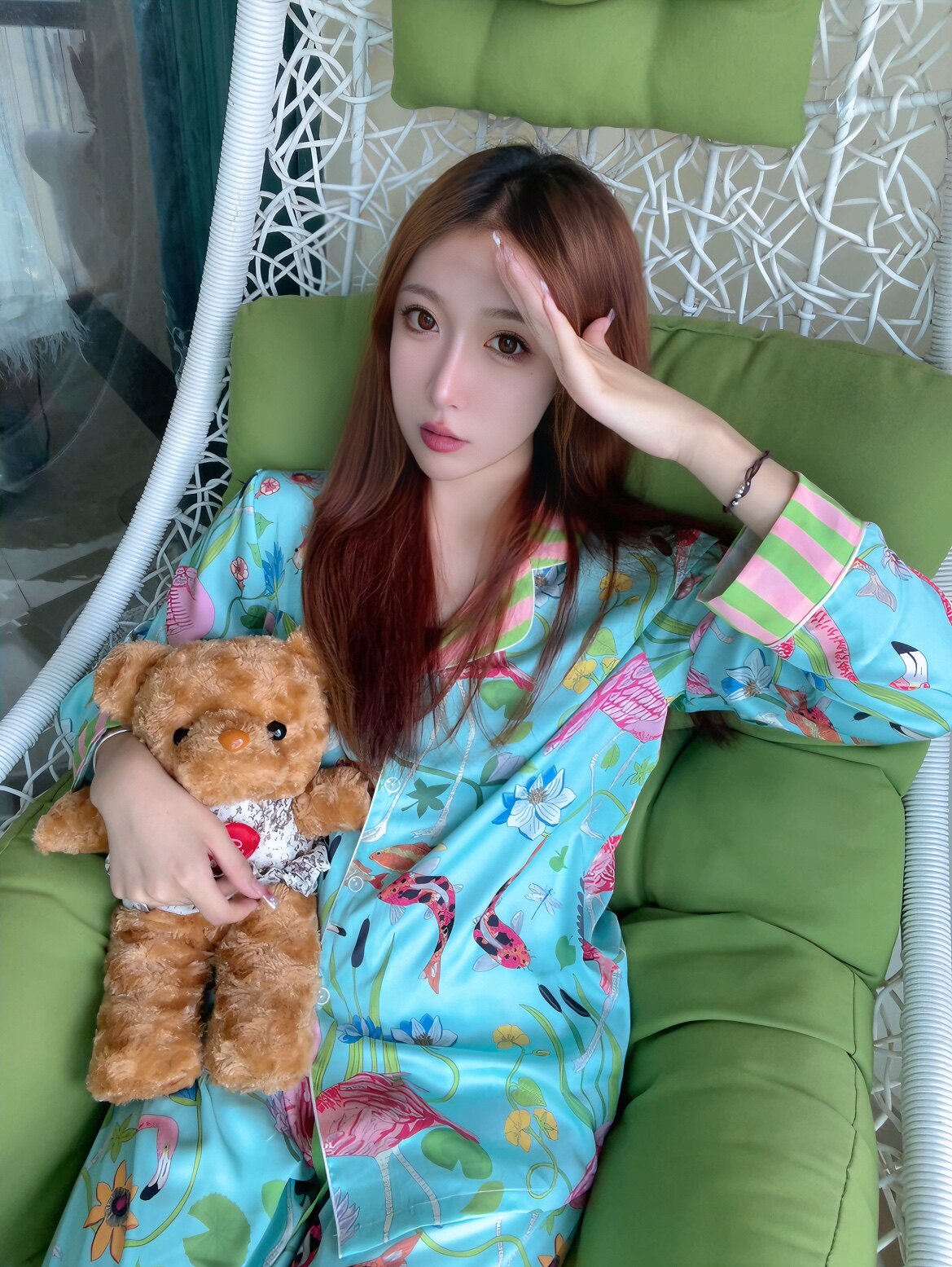 喵喵酱【丛林火烈鸟】睡衣女春秋季翻领冰丝长袖长裤家居服套装