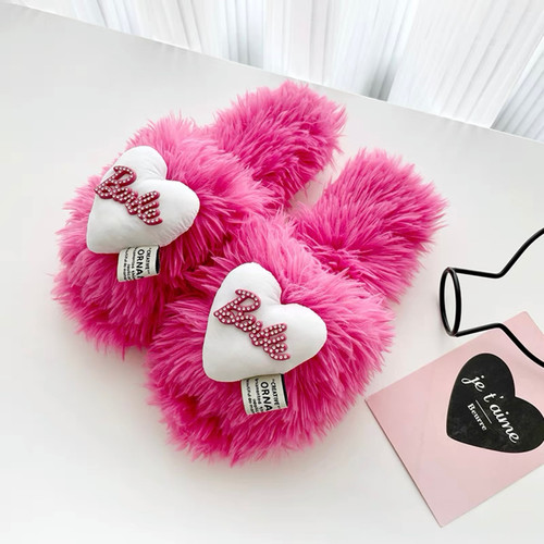 喵喵酱｜芭比字母可爱心长毛绒拖鞋女士秋冬季防滑露指家居家棉拖