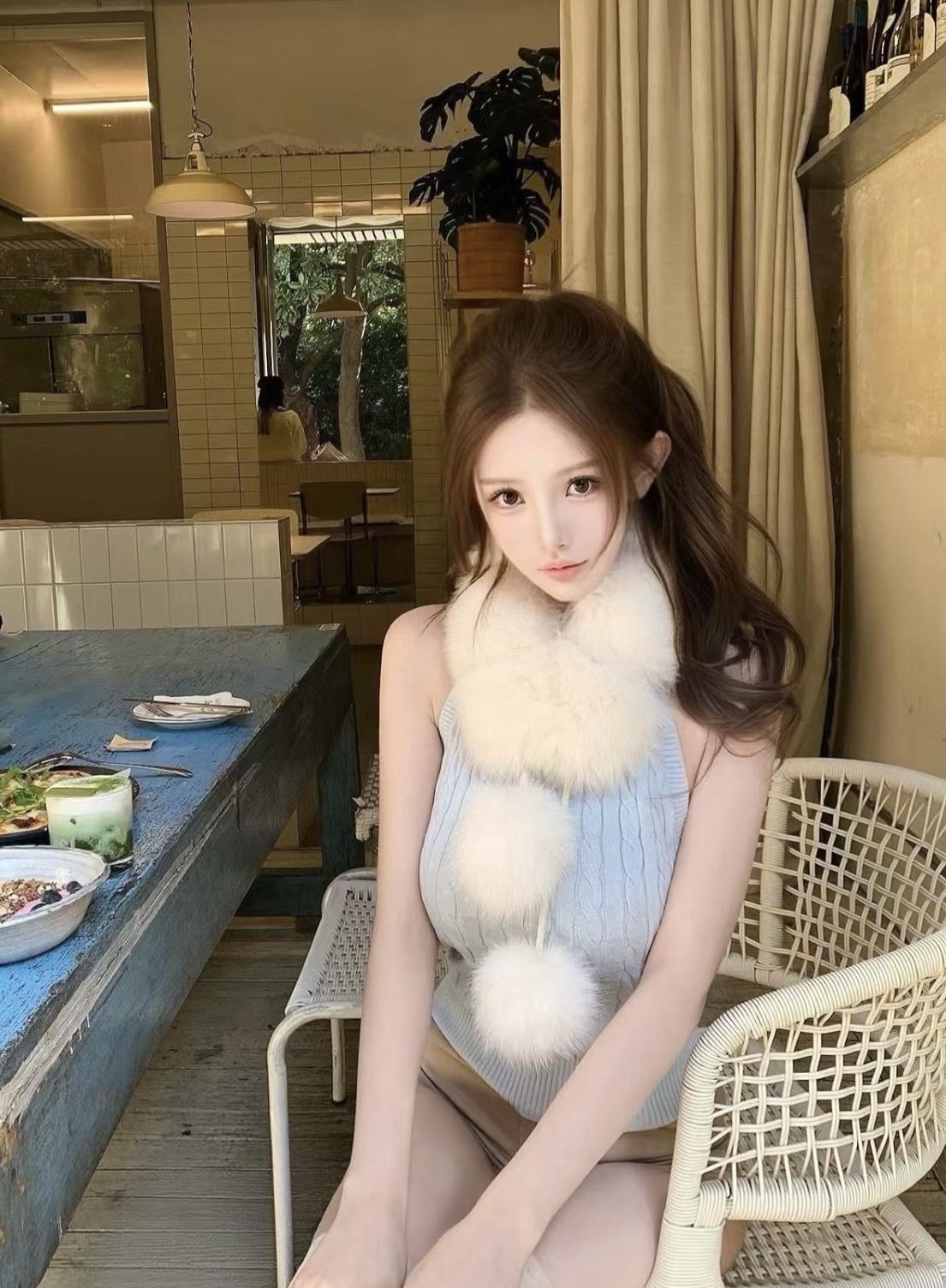 喵喵酱｜浅蓝色韩乖圆领露肩针织背心女狐狸毛绯色漫紧身气质上衣,女装/女士精品,背心吊带,淘宝优惠券,粉丝福利购,淘宝优惠卷