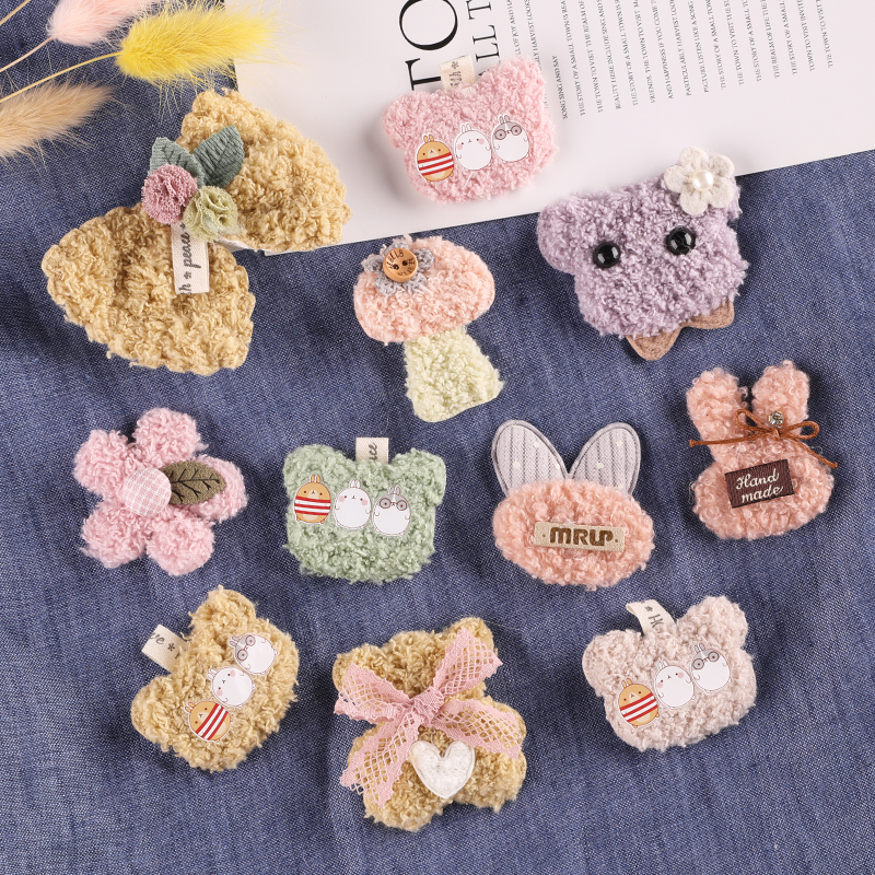 卡通毛绒动物头绳花朵布贴片语