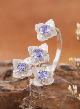 realtreasure天然宝石坦桑石戒指女s925纯银彩宝首饰个性夸张花朵