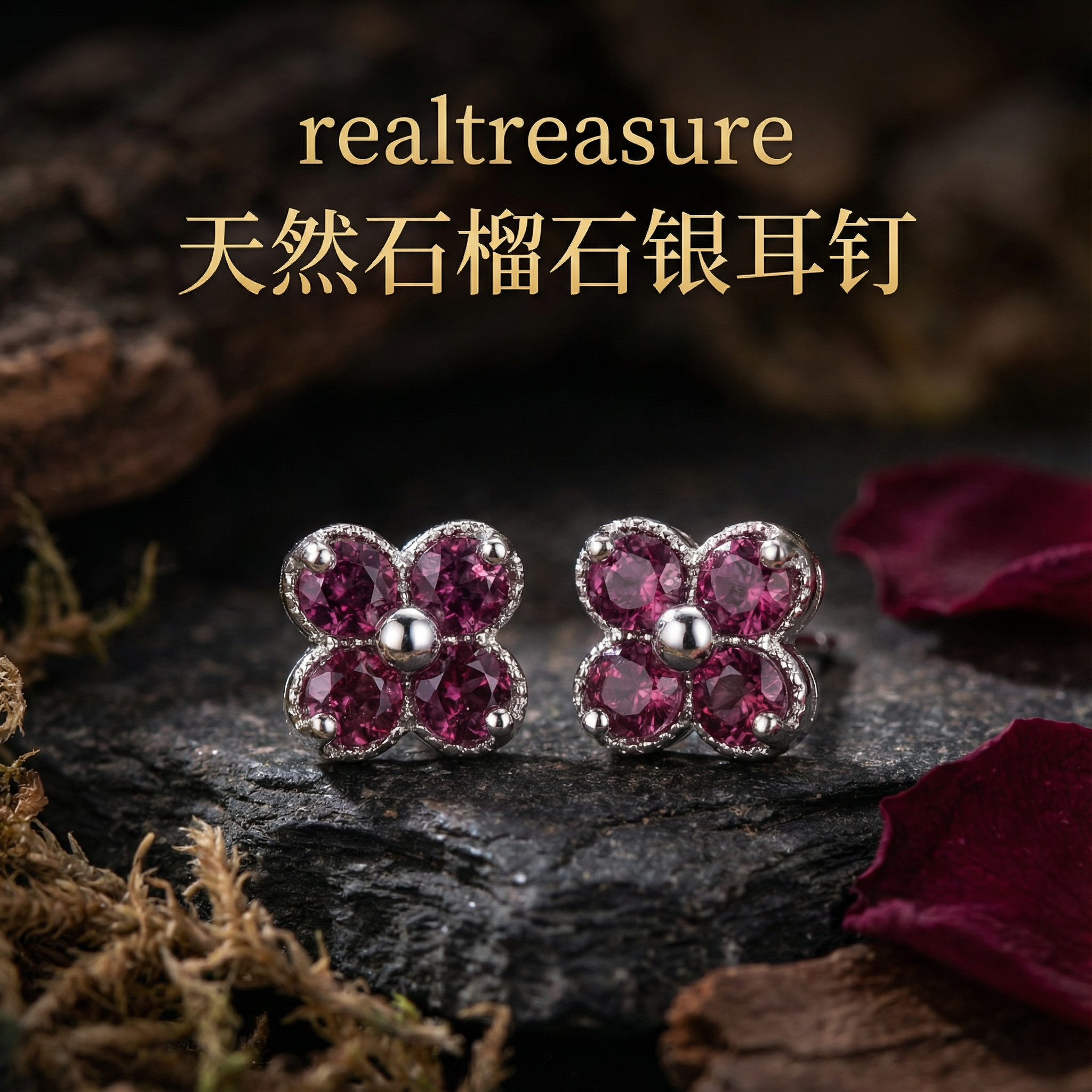 realtreasure天然石榴石四叶草耳钉镶嵌s925银简约耳饰品甜美镶钻