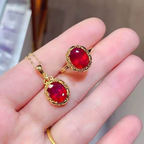 realtreasureS925银天然新烧红宝石套装女复古镂空花边戒指吊坠