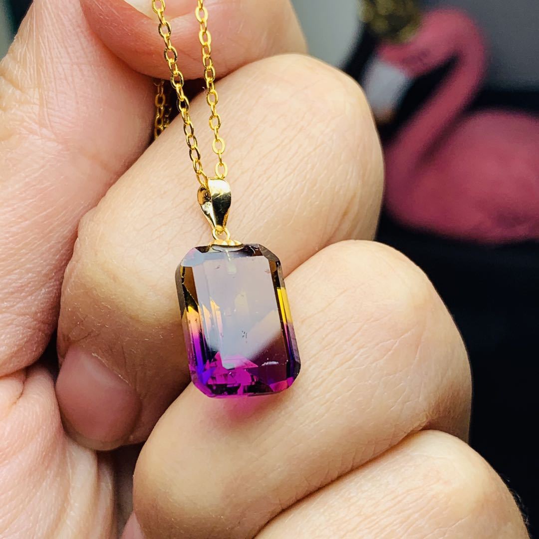 realtreasure长方紫黄晶吊坠 多彩 秀气美观简约清新主石10*14mm