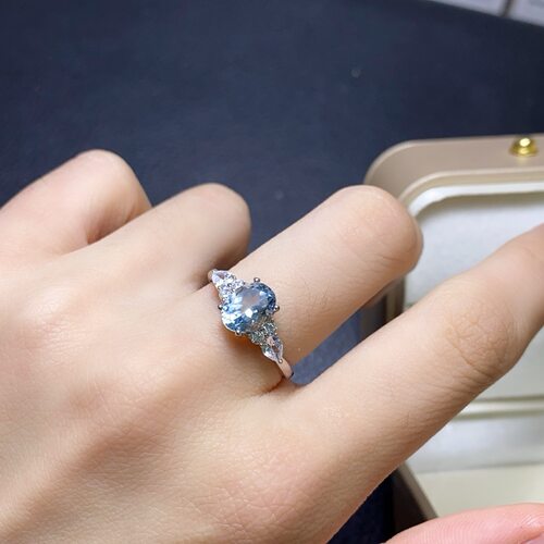 realtreasure天然海蓝宝戒指S925银镶嵌主石6x8mm简约清新百搭