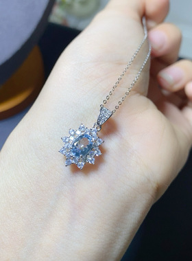realtreasure太阳花天然海蓝宝吊坠女项链s925纯银镶彩色宝石项链