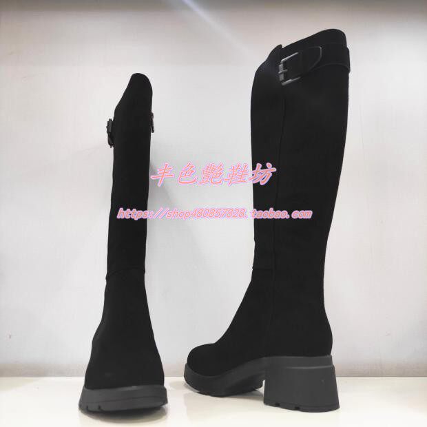 卡迪娜专柜正品断码女高筒靴低方跟皮带扣圆头羊反绒绒里KA11528