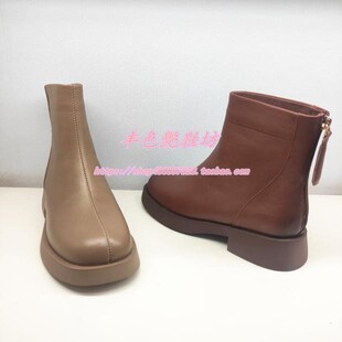 哈森专柜正品断码冬靴厚底低跟后拉链棕色真皮女棉短靴子HA222511