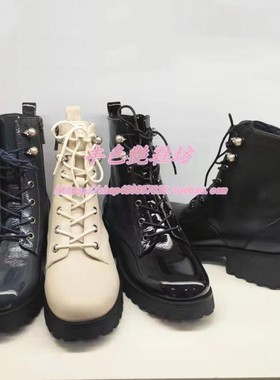 卡迪娜专柜正品断码女靴低跟侧拉链白色亮皮40大码马丁靴KA12905