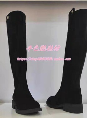专柜正品卡迪娜女高筒冬靴保暖绒里低方跟过膝靴弹力拼接KA11552
