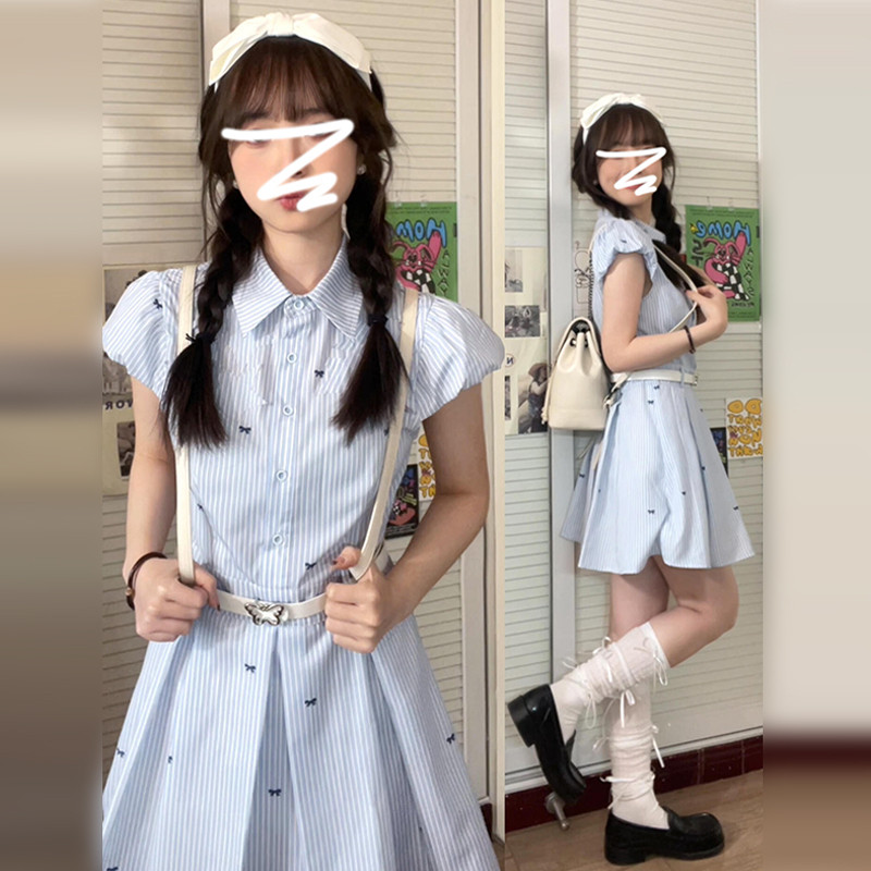 蓝色条纹衬衫连衣裙子女夏季2025新款学院风绝美初恋清纯收腰短裙