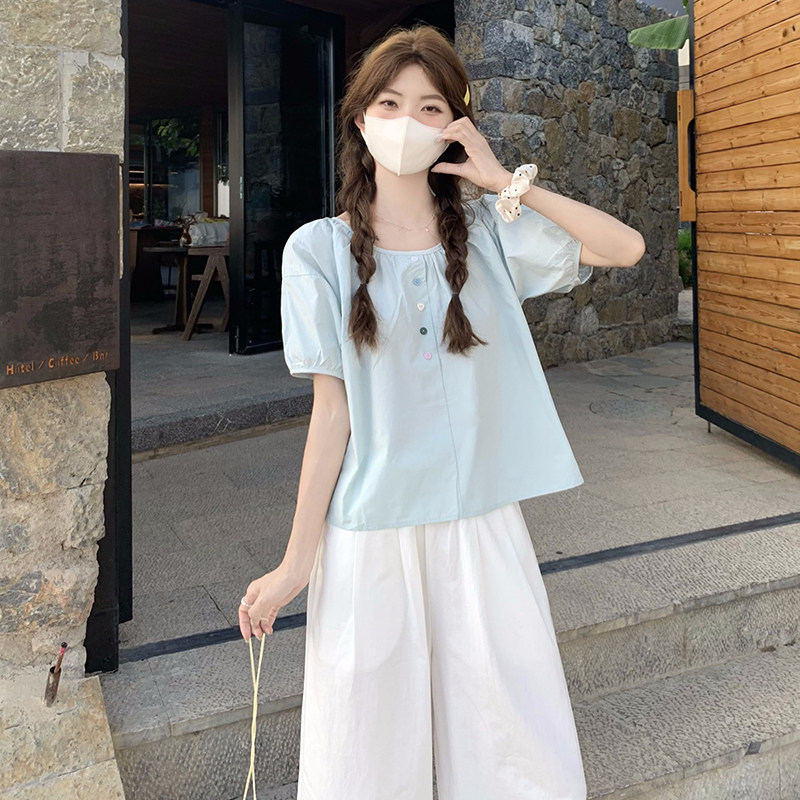蓝色雪纺上衣女夏法式娃娃小衫泡泡袖多巴胺穿搭2025新款短袖衬衫