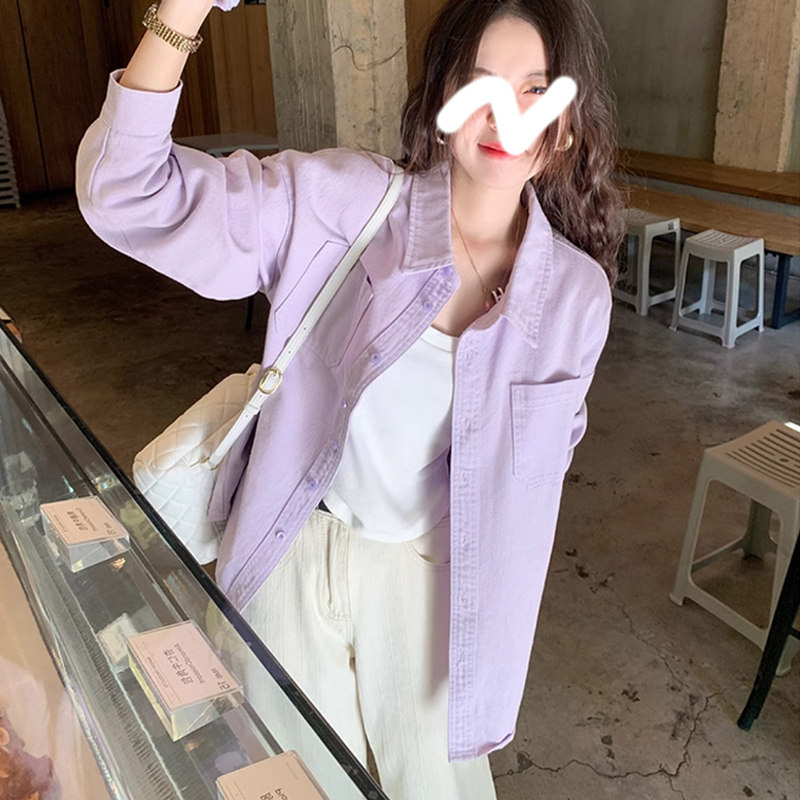 早秋薄款浅紫色牛仔衬衫长袖女高级感时尚休闲抗皱衬衣外套上衣