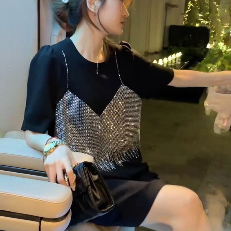 设计师镶钻连衣裙女2025