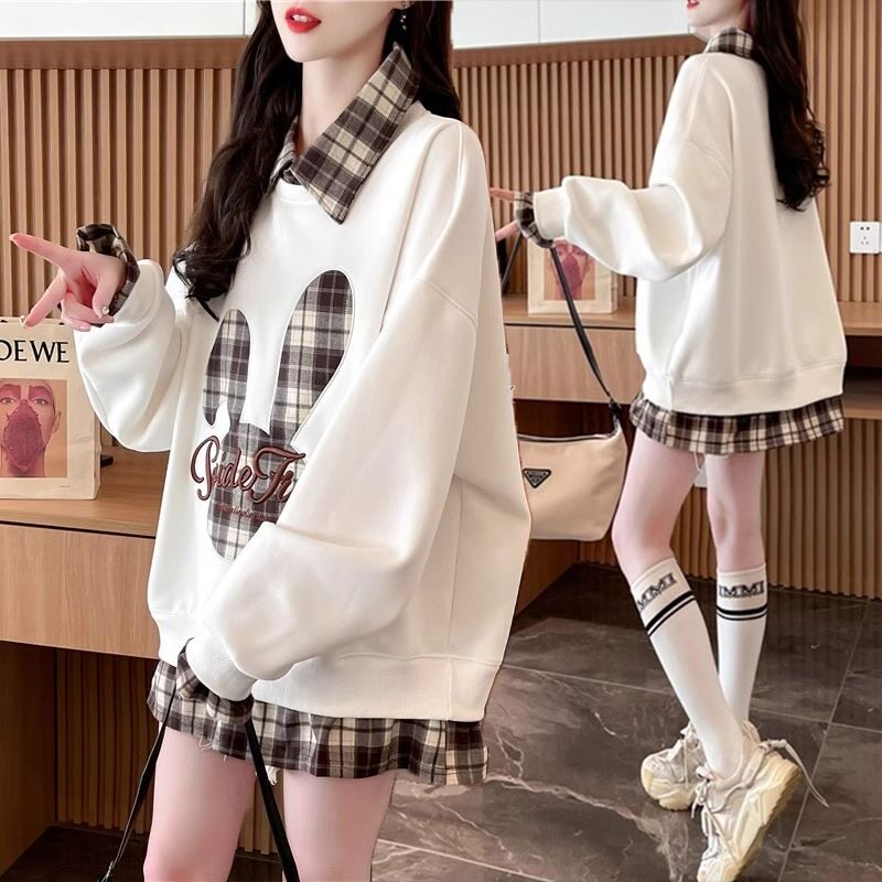 大码女装2024新款假两件卫衣女士春秋薄款秋衣外穿爆款长袖上衣服